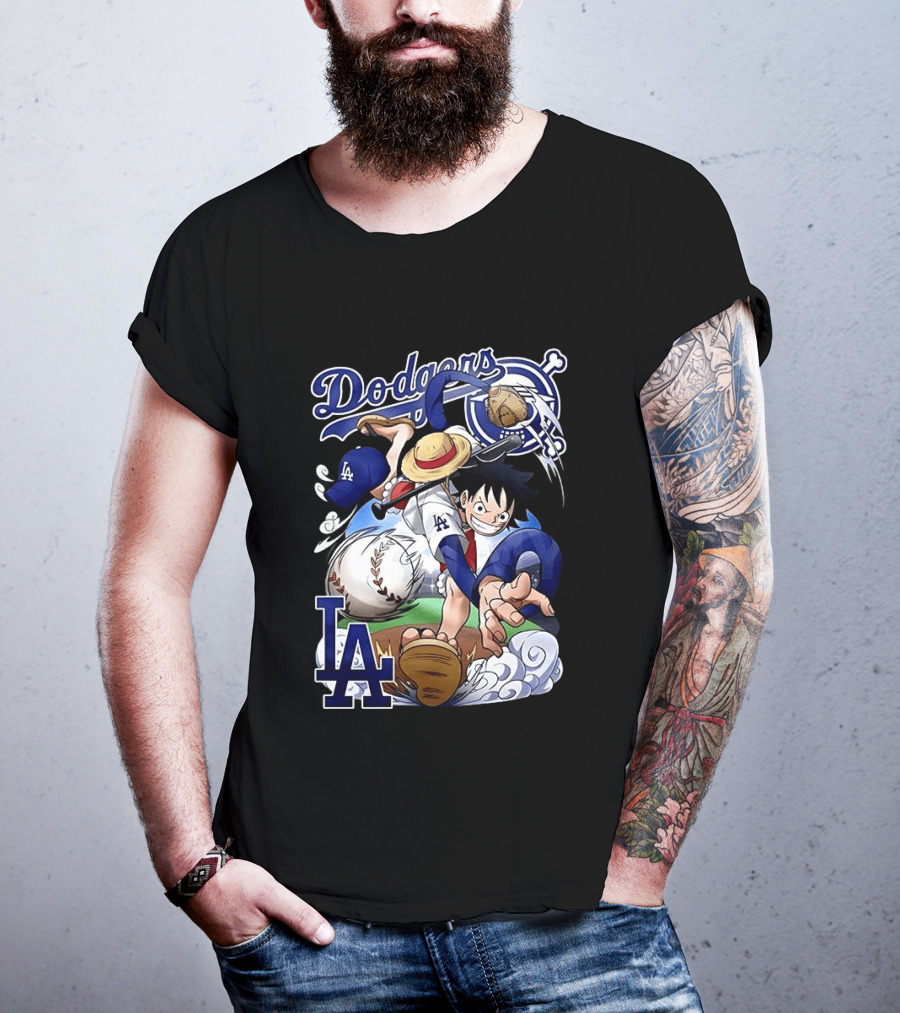 Luffy Los Angeles Dodgers One Piece Anime Crossover MLB Collaboration T-Shirt