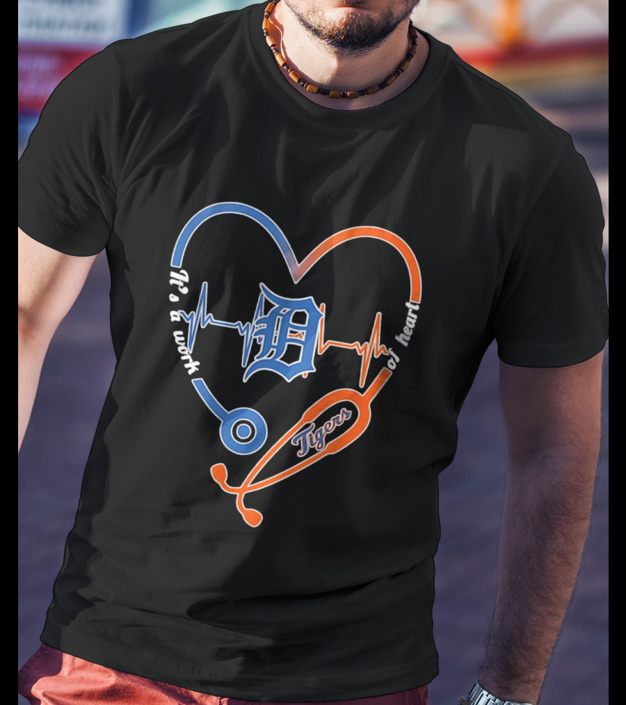 Detroit Tigers Heartbeat Stethoscope Work Of Heart T-Shirt