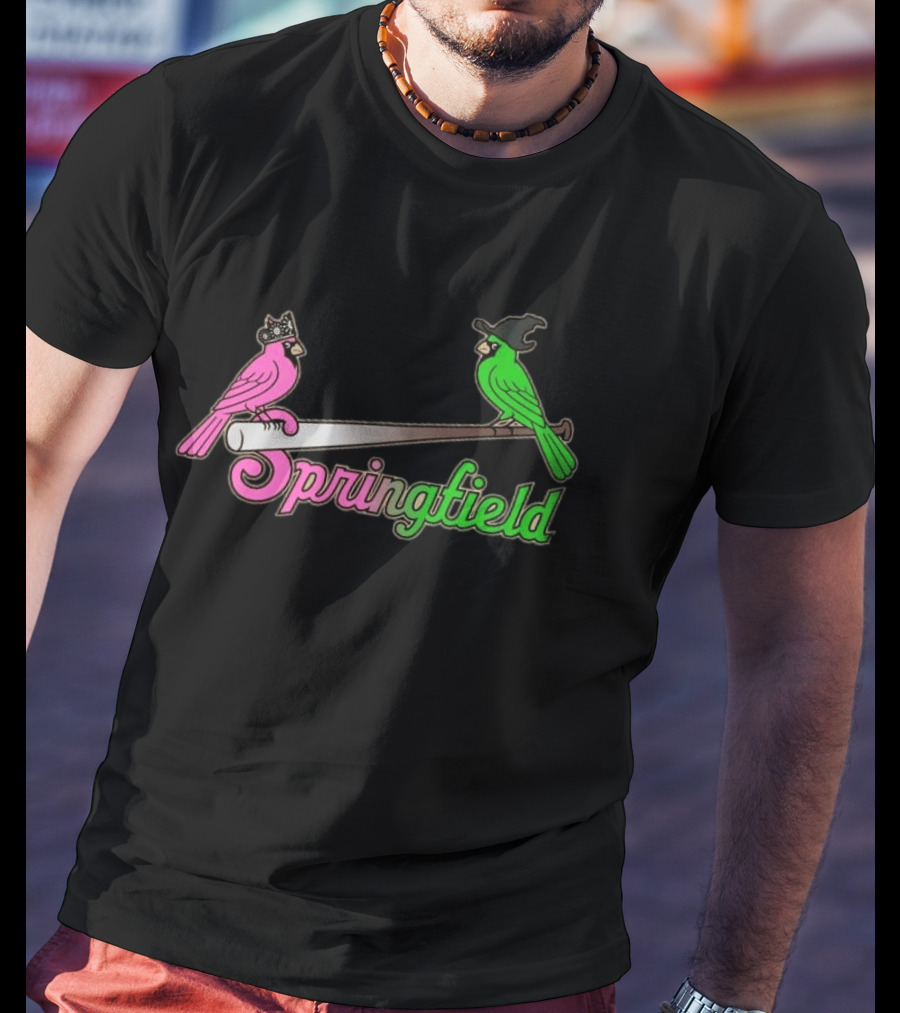 Springfield Cardinals Pink And Green Birds With Crown And Witch Hat Baseball Bat T-Shirt