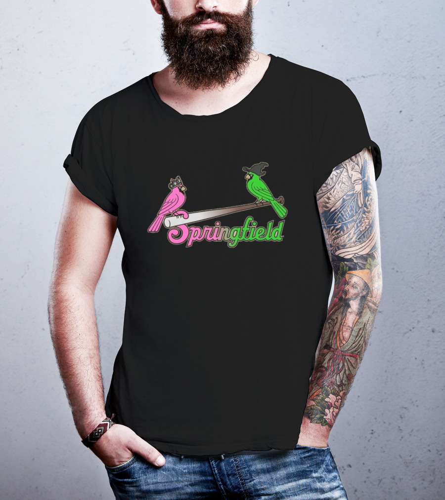 Springfield Cardinals Pink And Green Birds With Crown And Witch Hat Baseball Bat T-Shirt