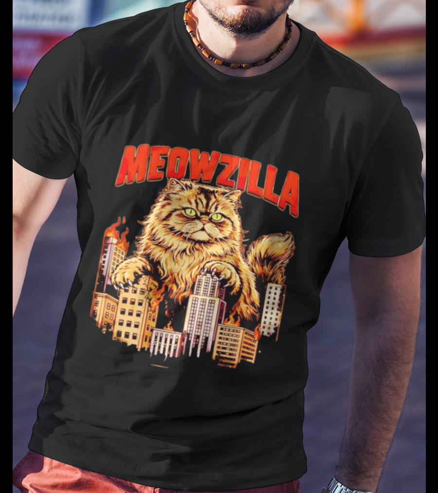 Meowzilla Giant Cat Rampage Over Burning City Skyline T-Shirt