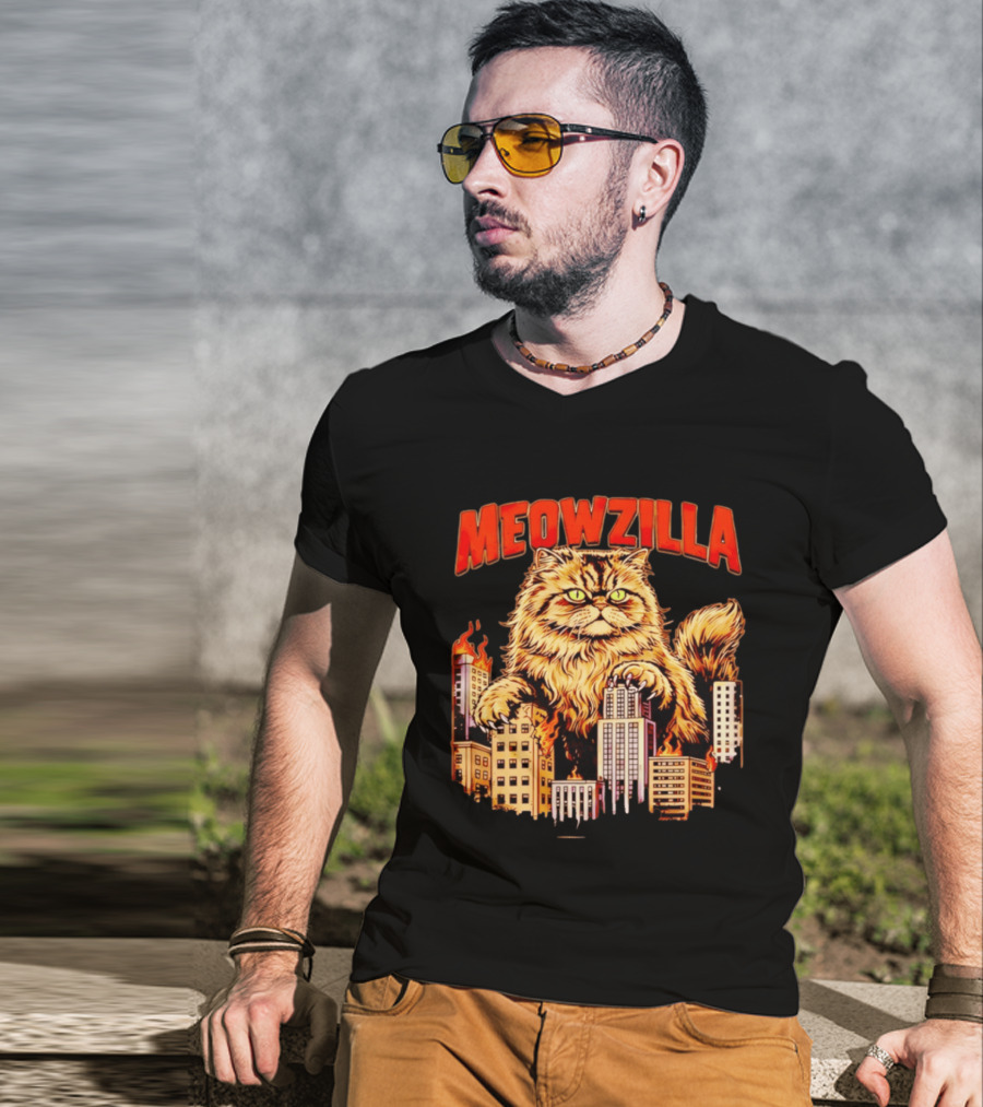 Meowzilla Giant Cat Rampage Over Burning City Skyline T-Shirt