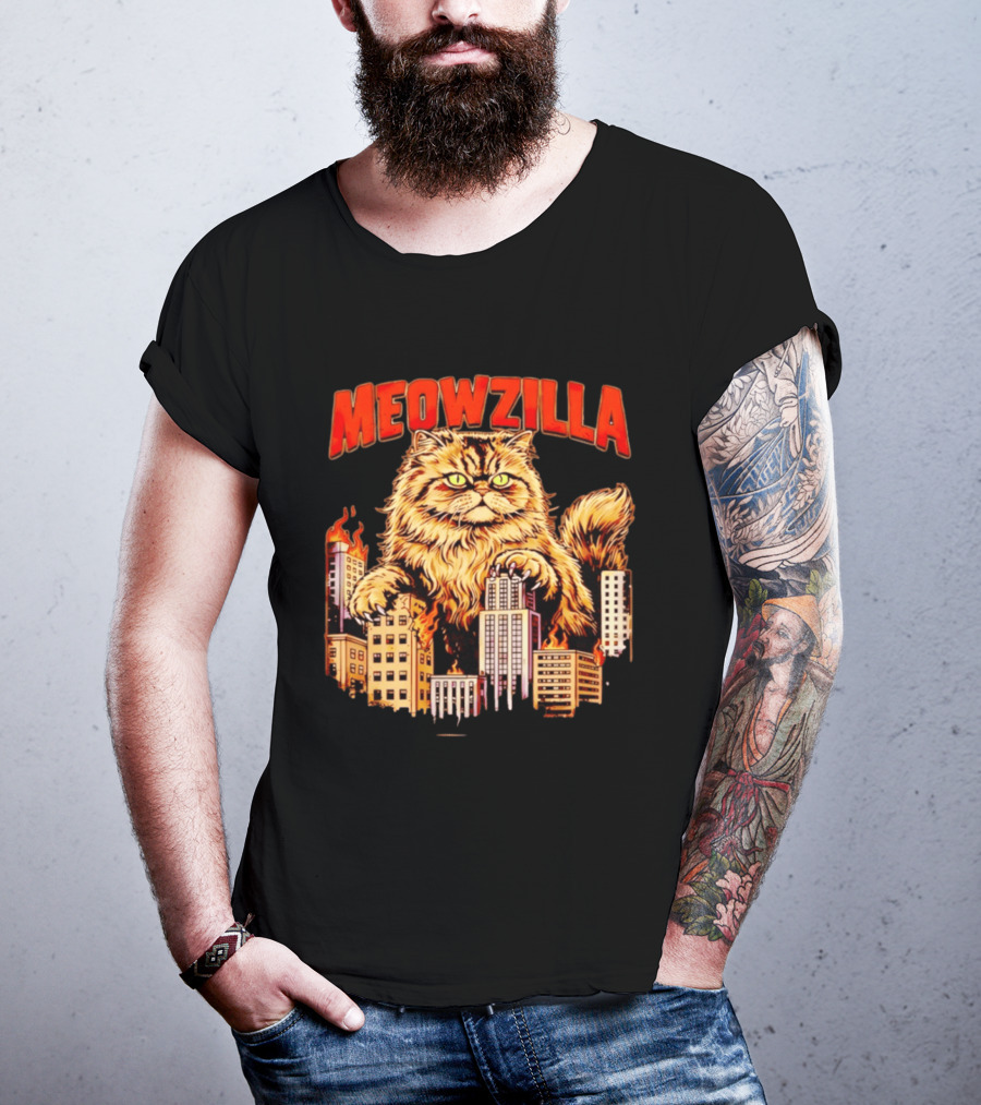 Meowzilla Giant Cat Rampage Over Burning City Skyline T-Shirt