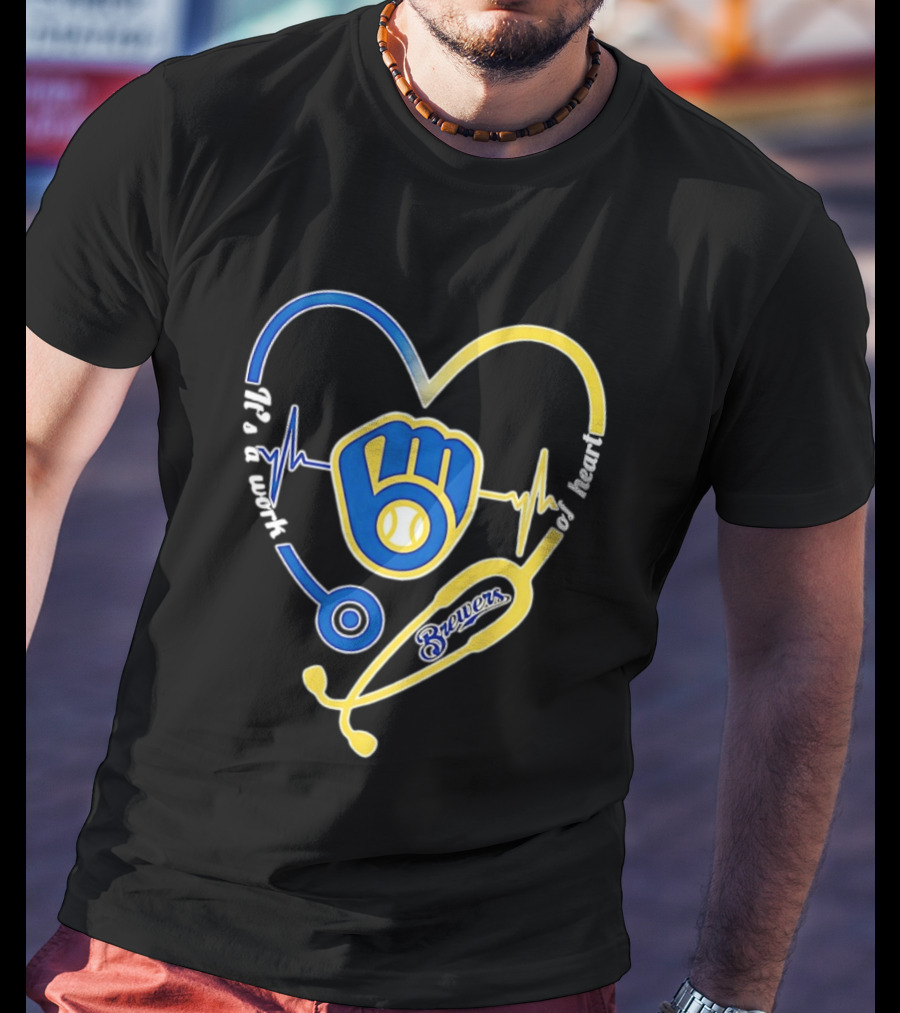 Milwaukee Brewers Baseball Heartbeat Stethoscope It's A Work Of Heart T-Shirt