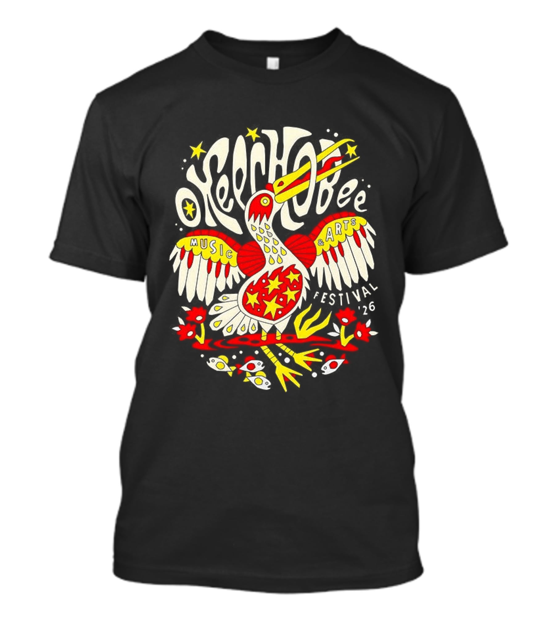 Okeechobee Music Arts Festival 2026 Psychedelic Pelican Stars Feathers Florals T-Shirt