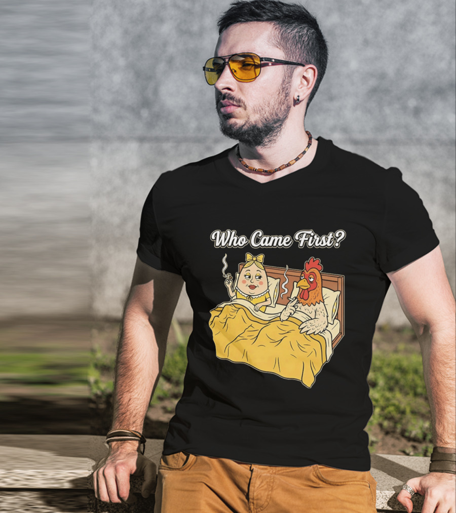 Who Came First Funny Chicken And Egg Bed Scene T-Shirt