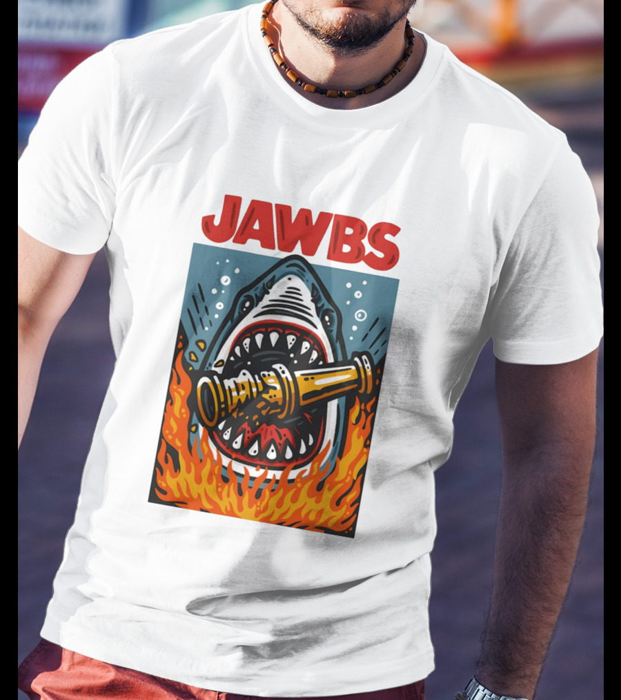 JAWS Jawbs Shark Biting Fire Hose Surrounded By Flames T-Shirt