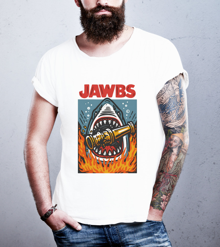 JAWS Jawbs Shark Biting Fire Hose Surrounded By Flames T-Shirt