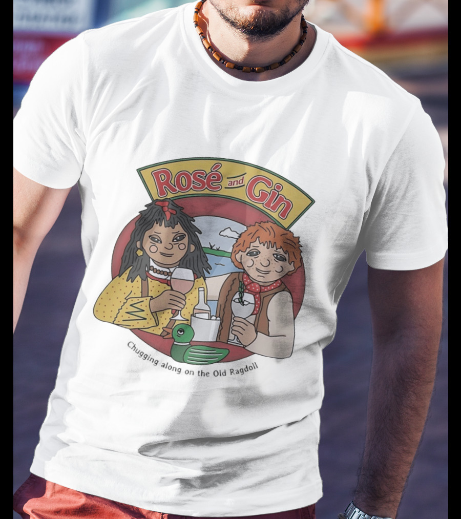 Rose And Gin Nostalgic Cartoon Duo With Drinks And Toy Duck T-Shirt