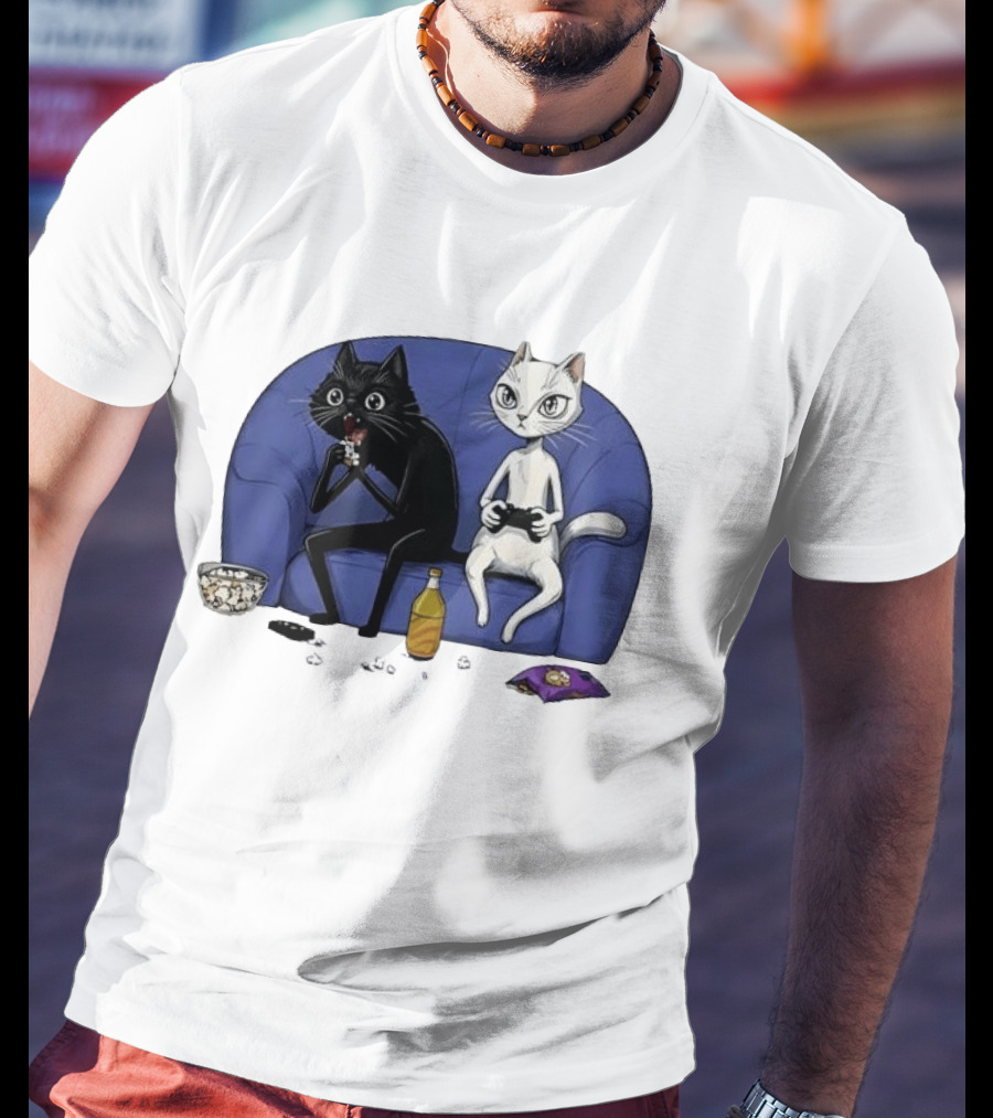 Two Cats One Couch Endless Fun Playing Games With Snacks And Popcorn T-Shirt