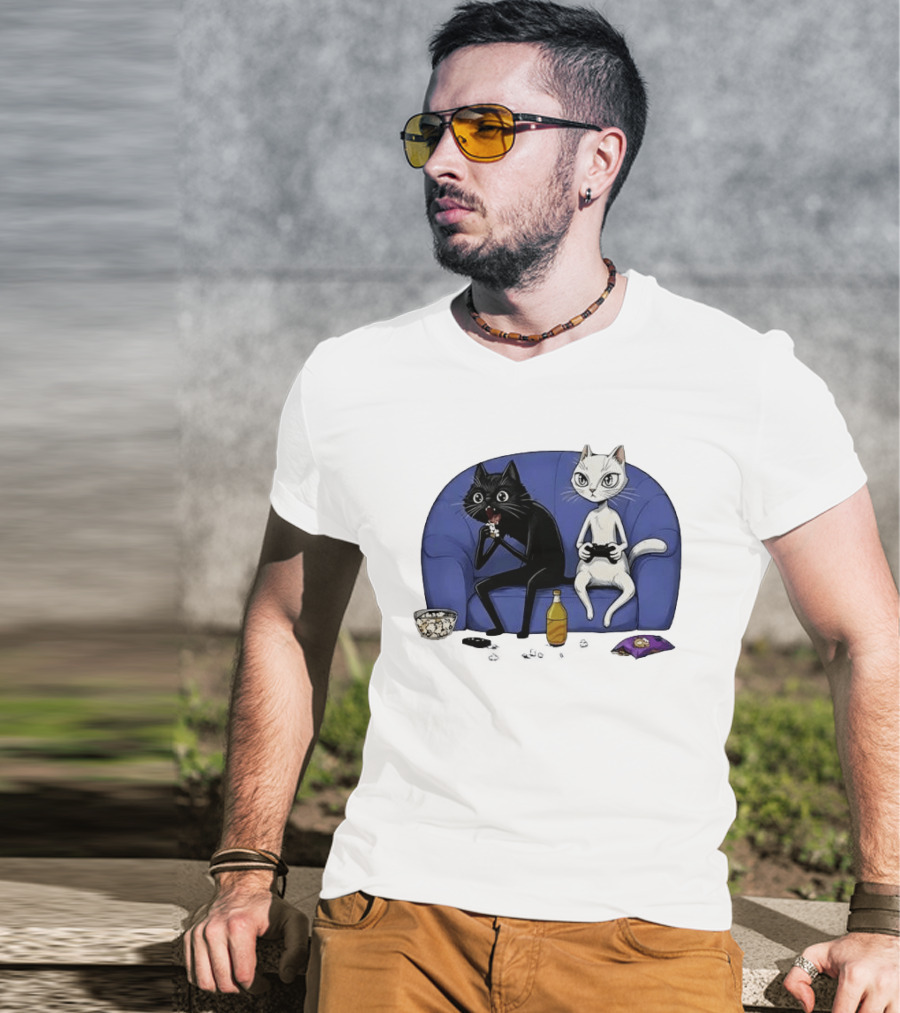 Two Cats One Couch Endless Fun Playing Games With Snacks And Popcorn T-Shirt