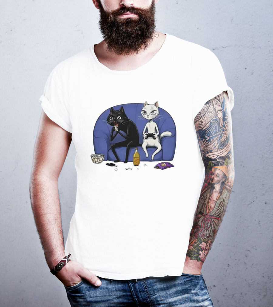 Two Cats One Couch Endless Fun Playing Games With Snacks And Popcorn T-Shirt
