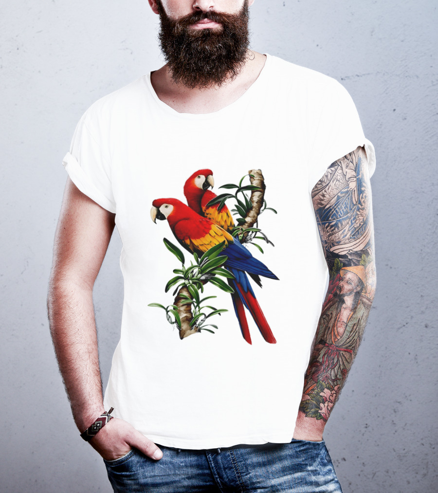 Parrot On Bret's Scarlet Macaw Tropical Branches T-Shirt