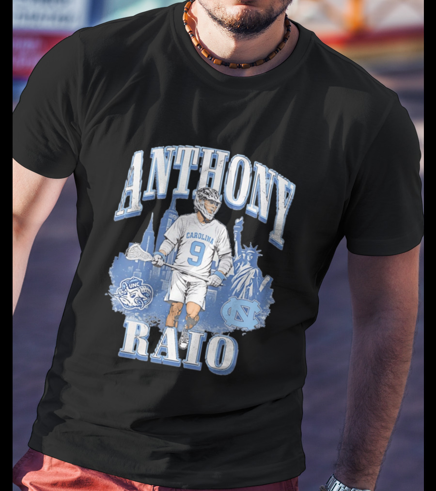 Anthony Raio Carolina 9 Lacrosse UNC Skyline Statue NYC T-Shirt