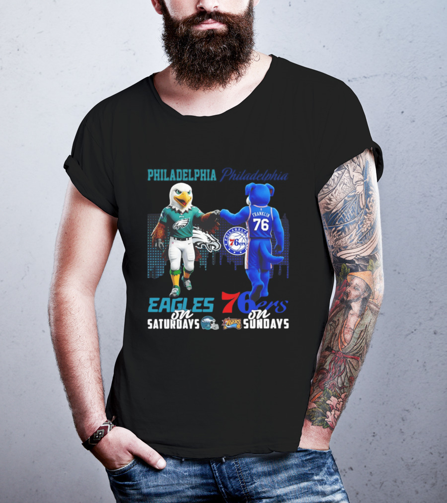 Philadelphia Eagles Vs 76ers Franklin Mascots Saturdays Sundays City Skyline T-Shirt