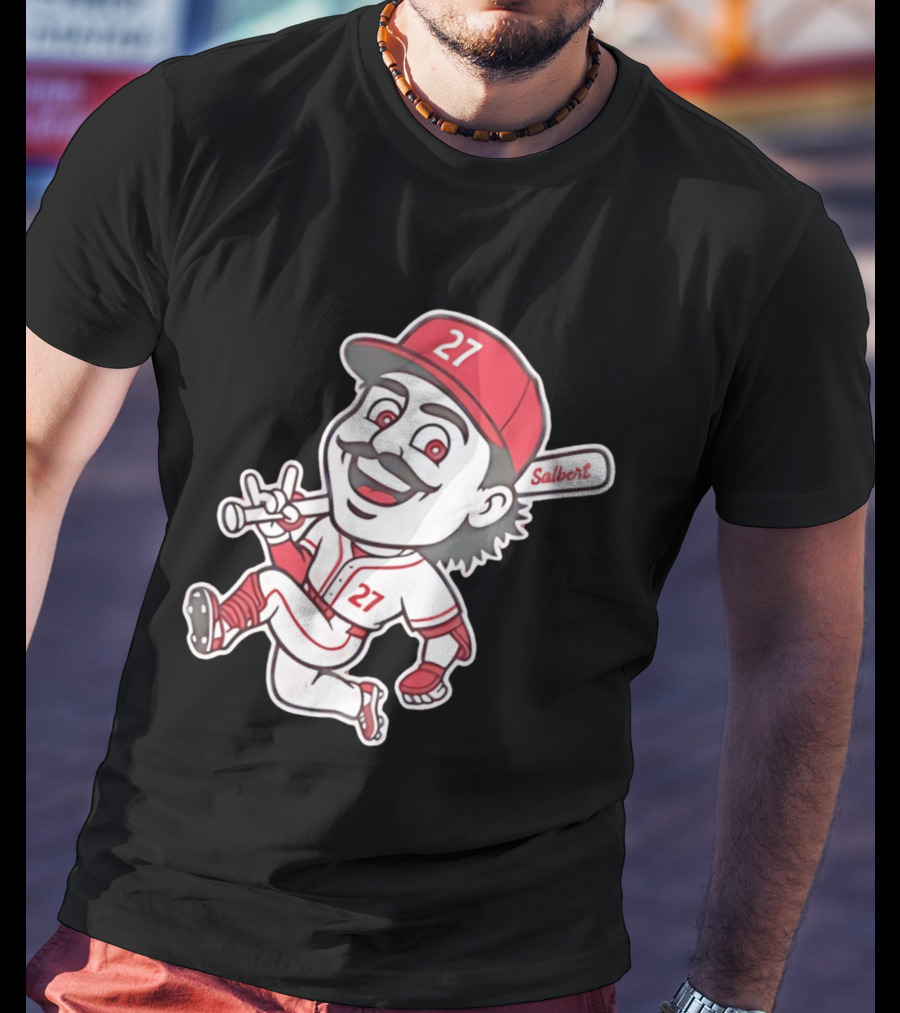 Cincinnati Reds Sal Stewart Number 27 Cartoon Player With Salbert Bat T-Shirt