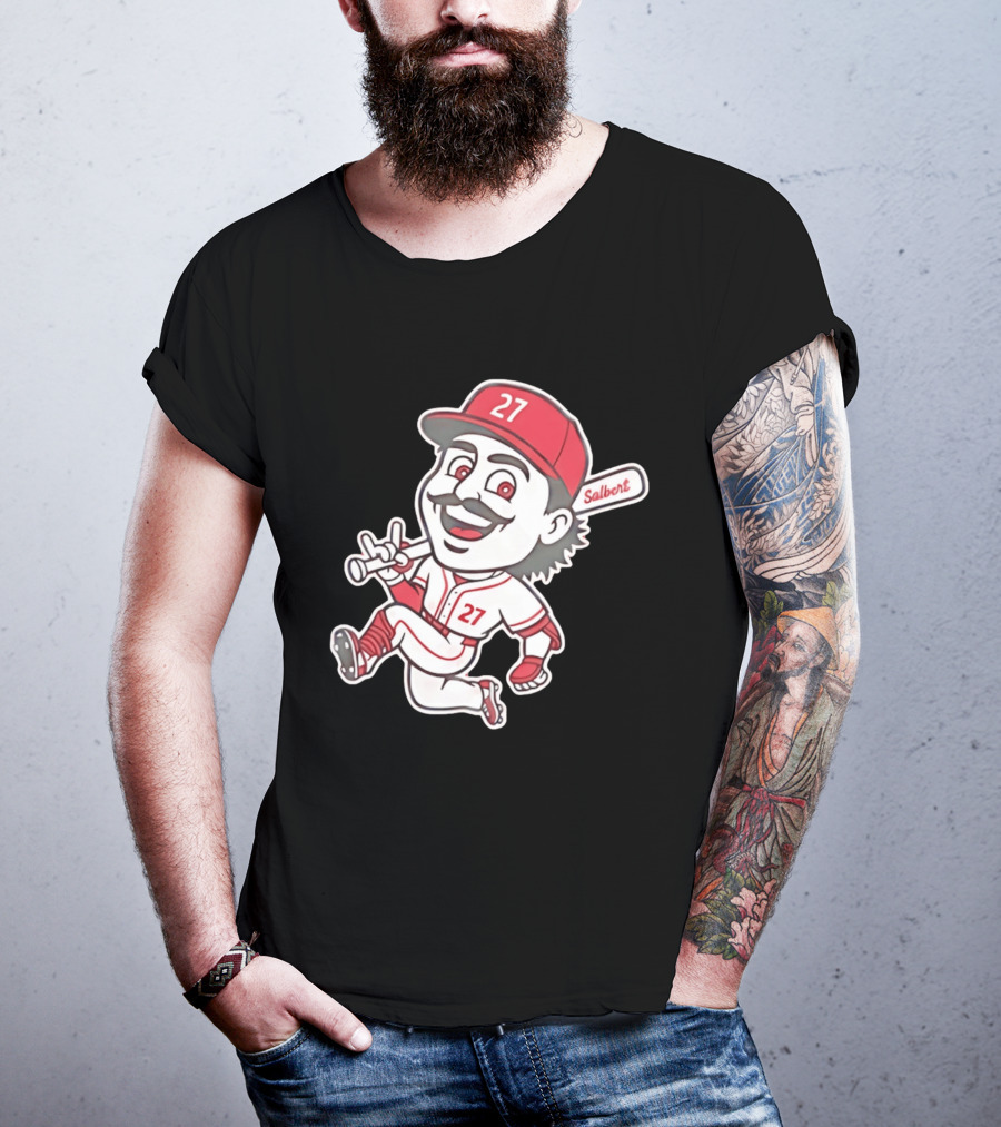 Cincinnati Reds Sal Stewart Number 27 Cartoon Player With Salbert Bat T-Shirt