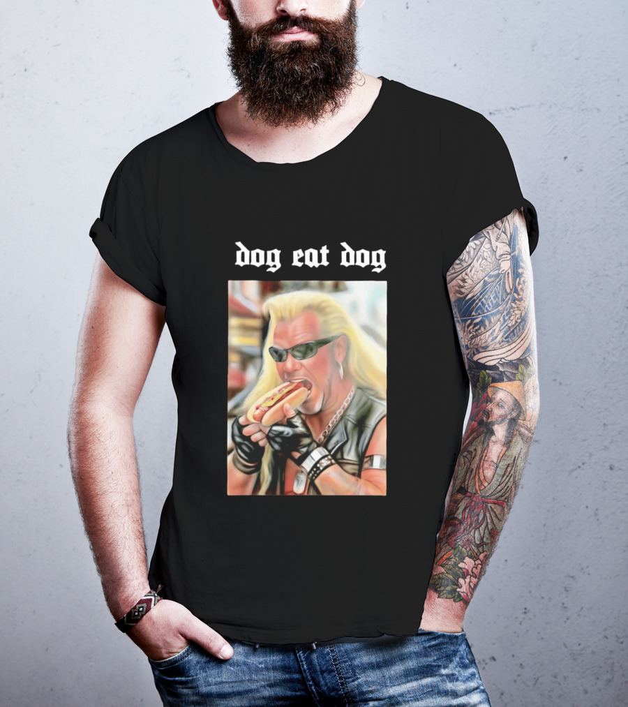 Dog Eat Dog Man Eating Hot Dog Sunglasses Blonde Long Hair T-Shirt