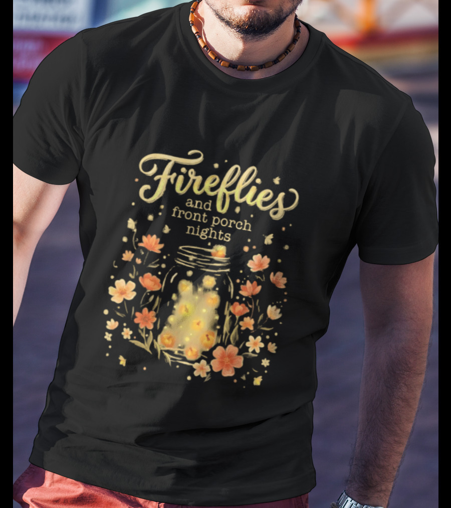 Fireflies And Front Porch Nights Rustic Mason Jar Fireflies Floral T-Shirt