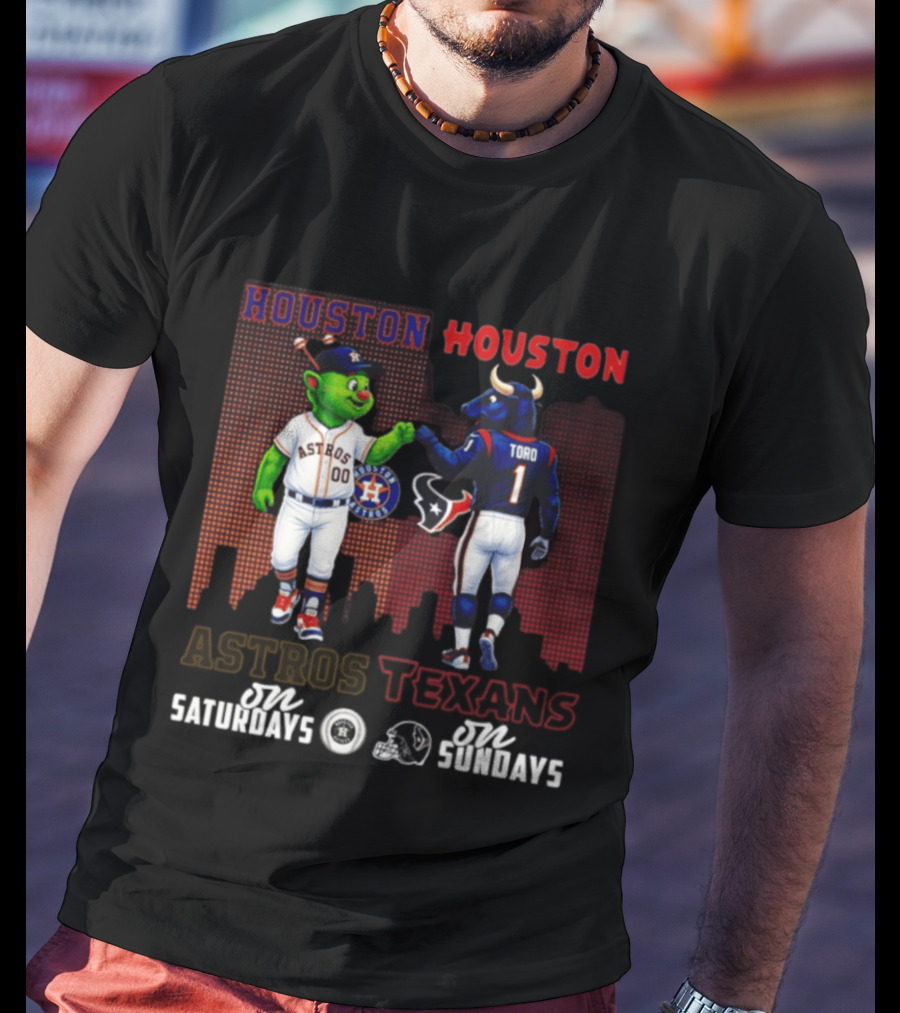 Houston Astros Orbit And Houston Texans Toro Skyline Saturdays Vs Sundays T-Shirt