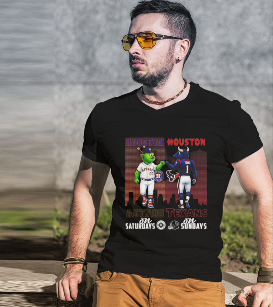 Houston Astros Orbit And Houston Texans Toro Skyline Saturdays Vs Sundays T-Shirt