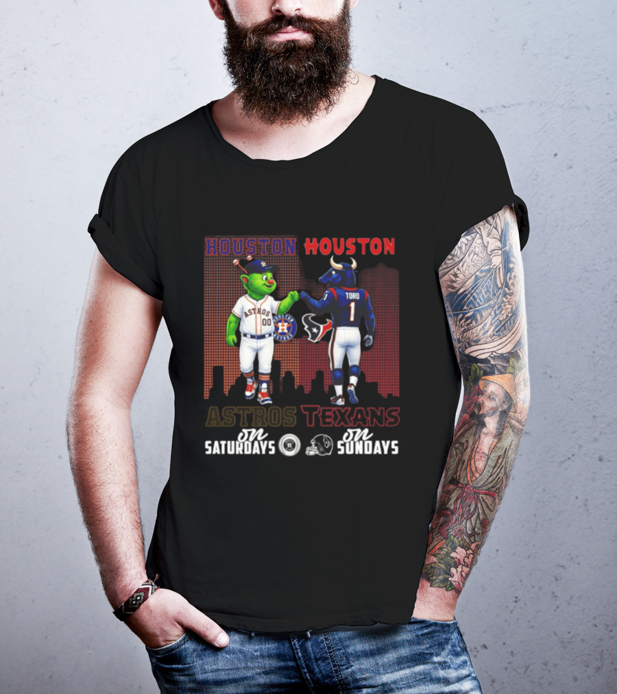 Houston Astros Orbit And Houston Texans Toro Skyline Saturdays Vs Sundays T-Shirt