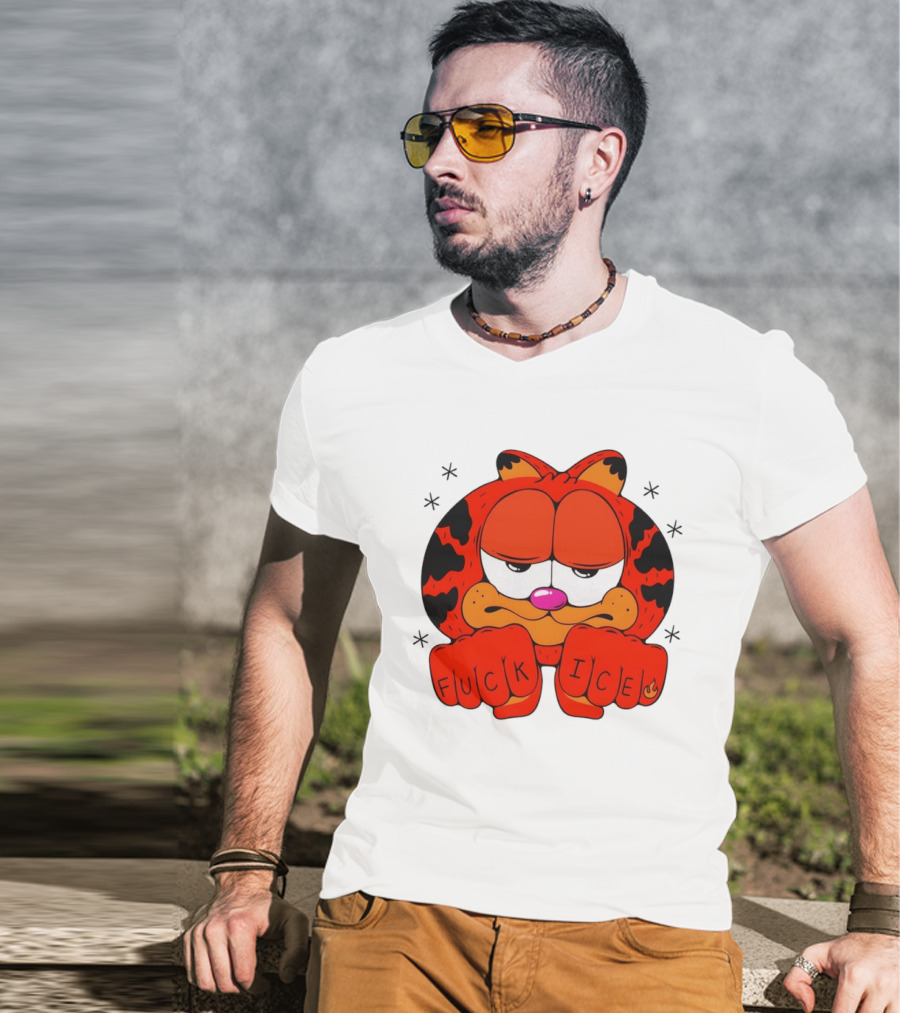 Orange Cat Garfield Meme Fuck Ice Hand Tattoos T-Shirt