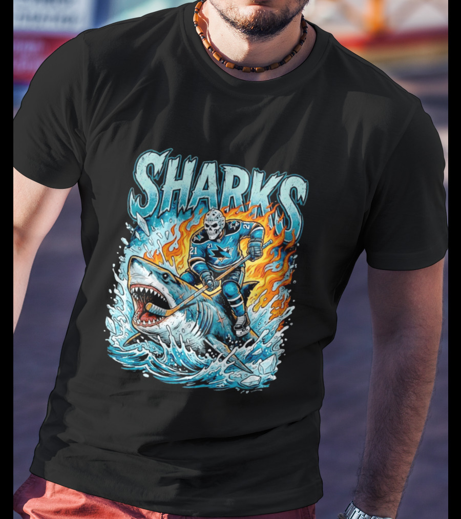 San Jose Sharks Hockey Player Riding Shark With Flames And Ice T-Shirt