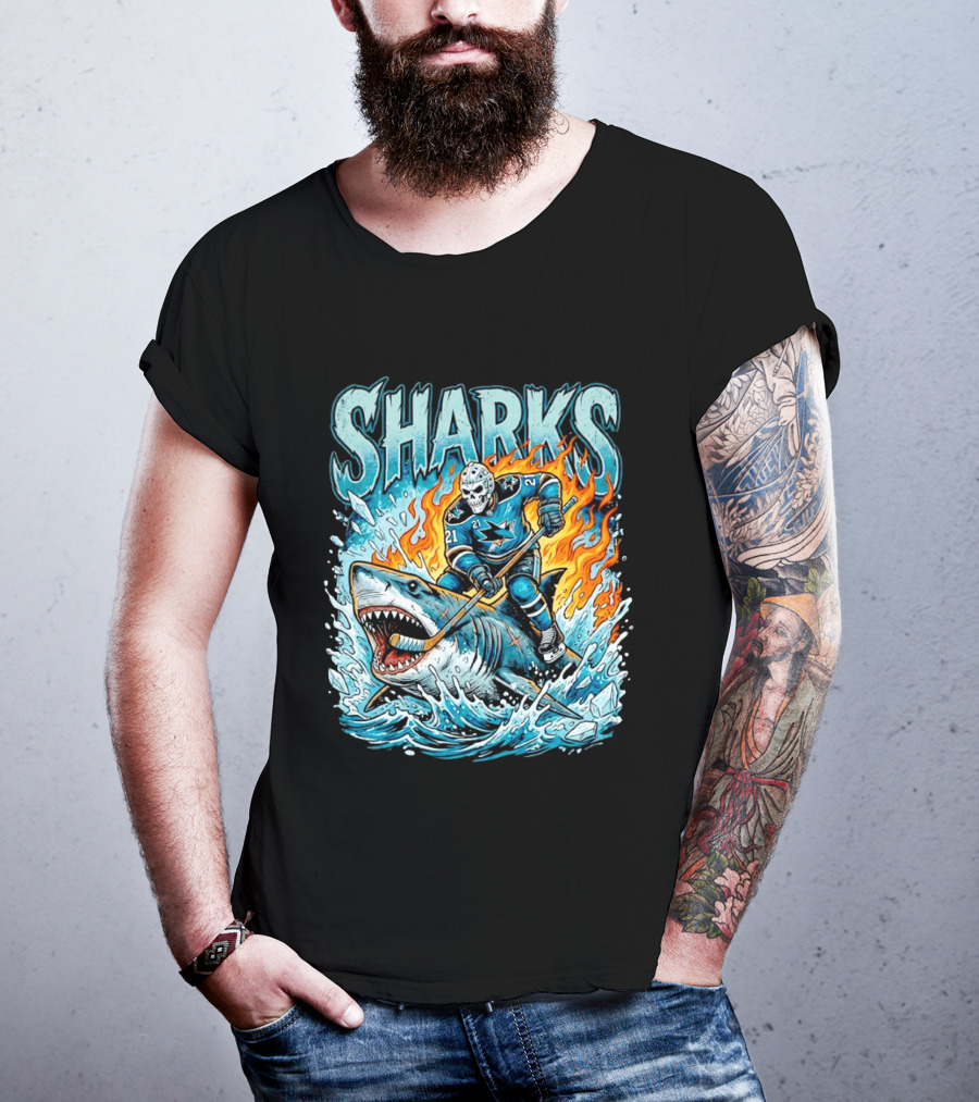 San Jose Sharks Hockey Player Riding Shark With Flames And Ice T-Shirt