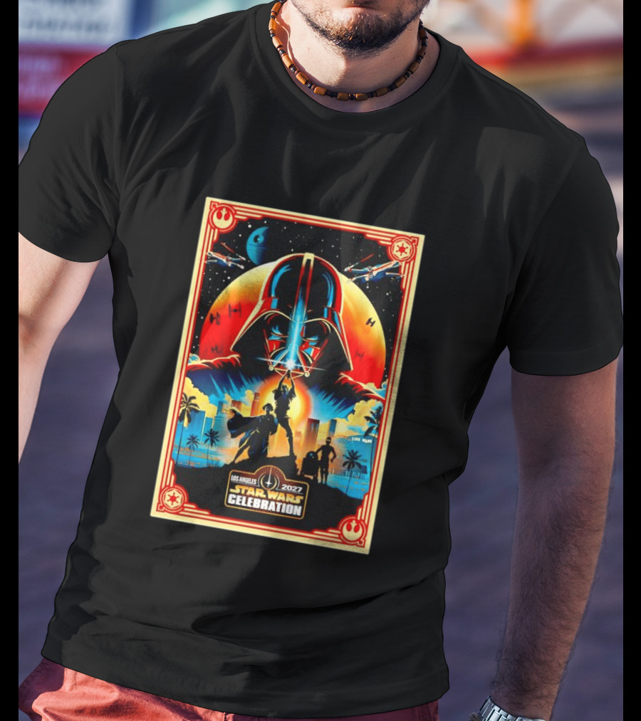 Star Wars Celebration Los Angeles 2027 50th Anniversary Darth Vader Millennium Falcon TIE Fighters X Wings T-Shirt