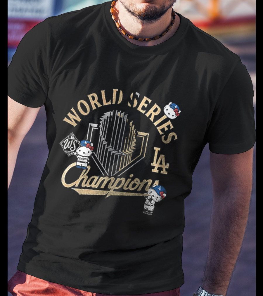 Los Angeles Dodgers World Series Champions Yoshinobu Yamamoto X Hello Kitty Golden Trophy T-Shirt