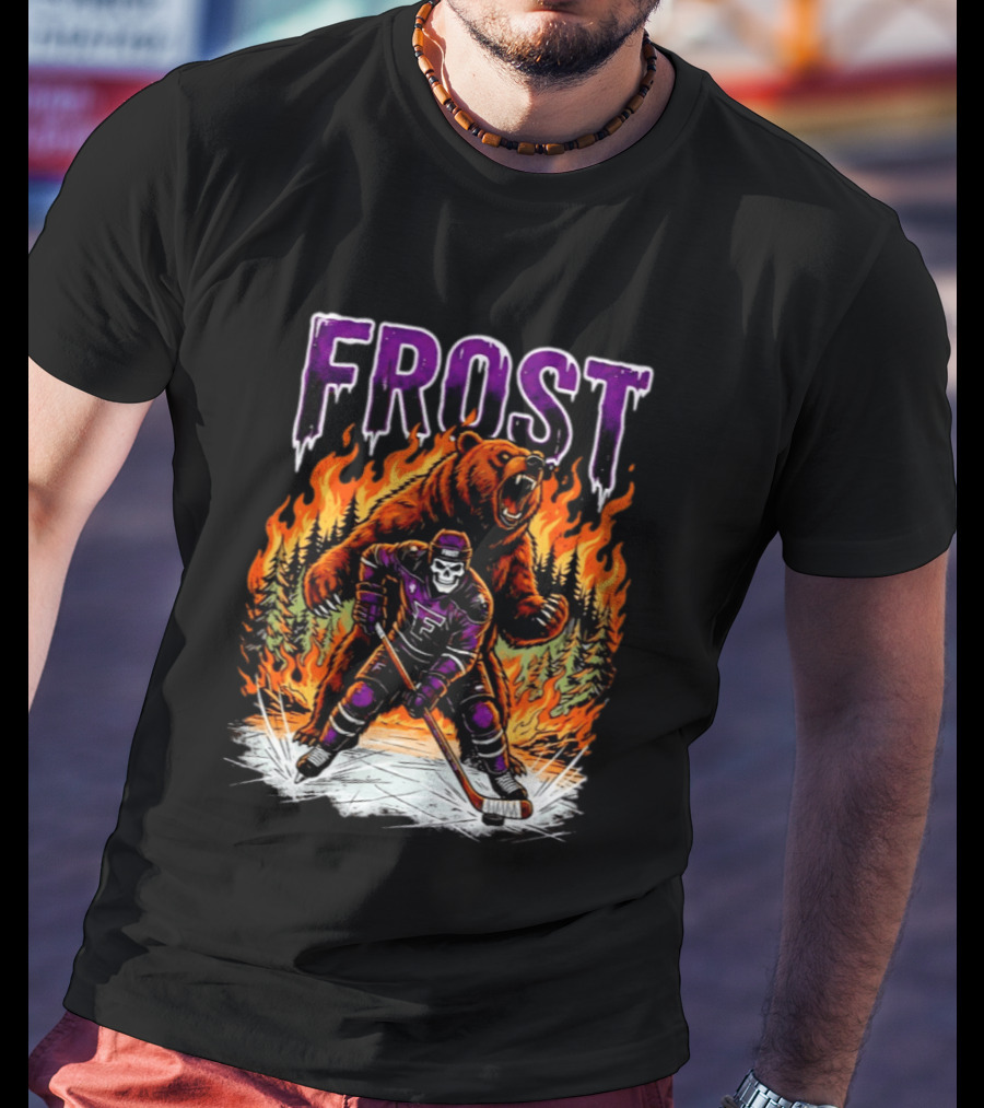 Frost Minnesota Hockey Skull Bear Flames Ice Rink T-Shirt