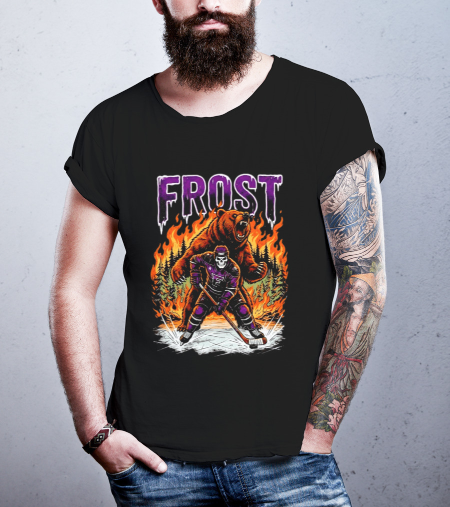 Frost Minnesota Hockey Skull Bear Flames Ice Rink T-Shirt
