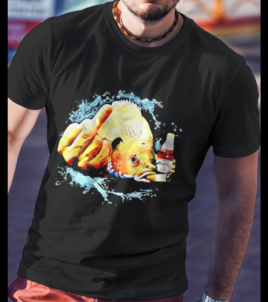 Modelo Beer Fish Smoking Cigarette Middle Finger T-Shirt