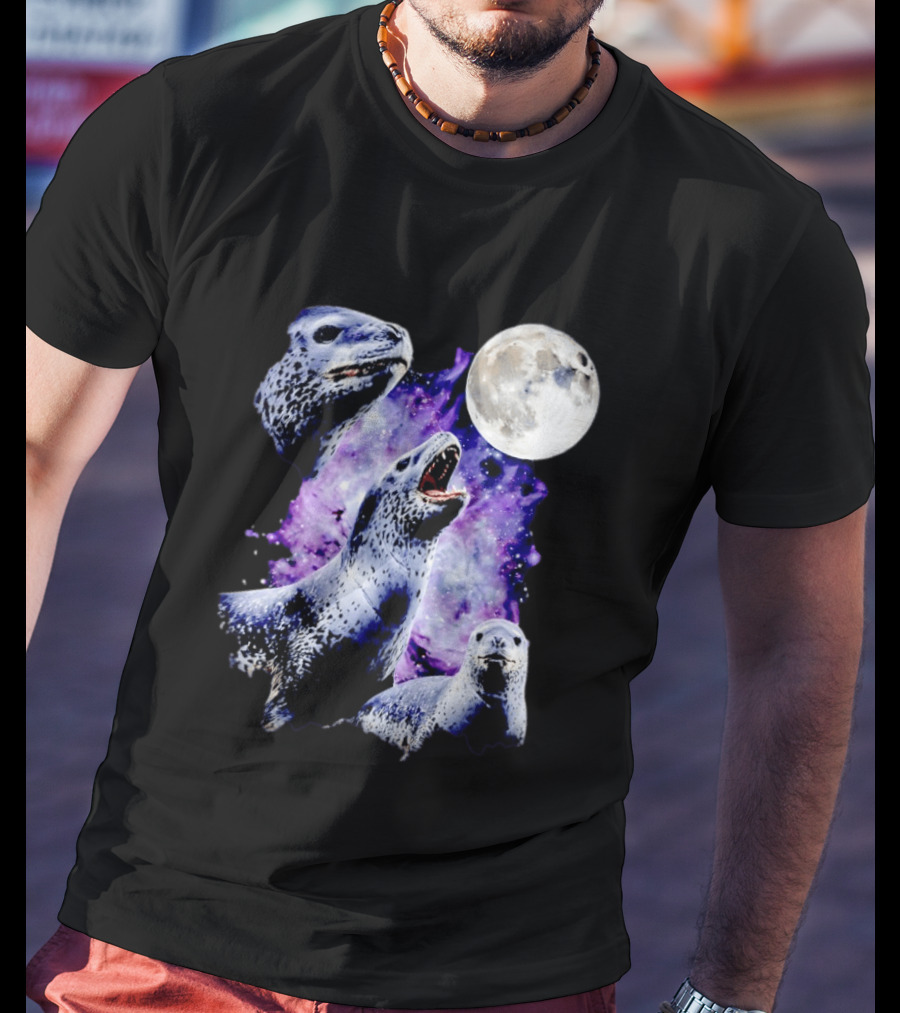 Three Leopard Seals Under Moonlight With Starry Purple Night Sky T-Shirt