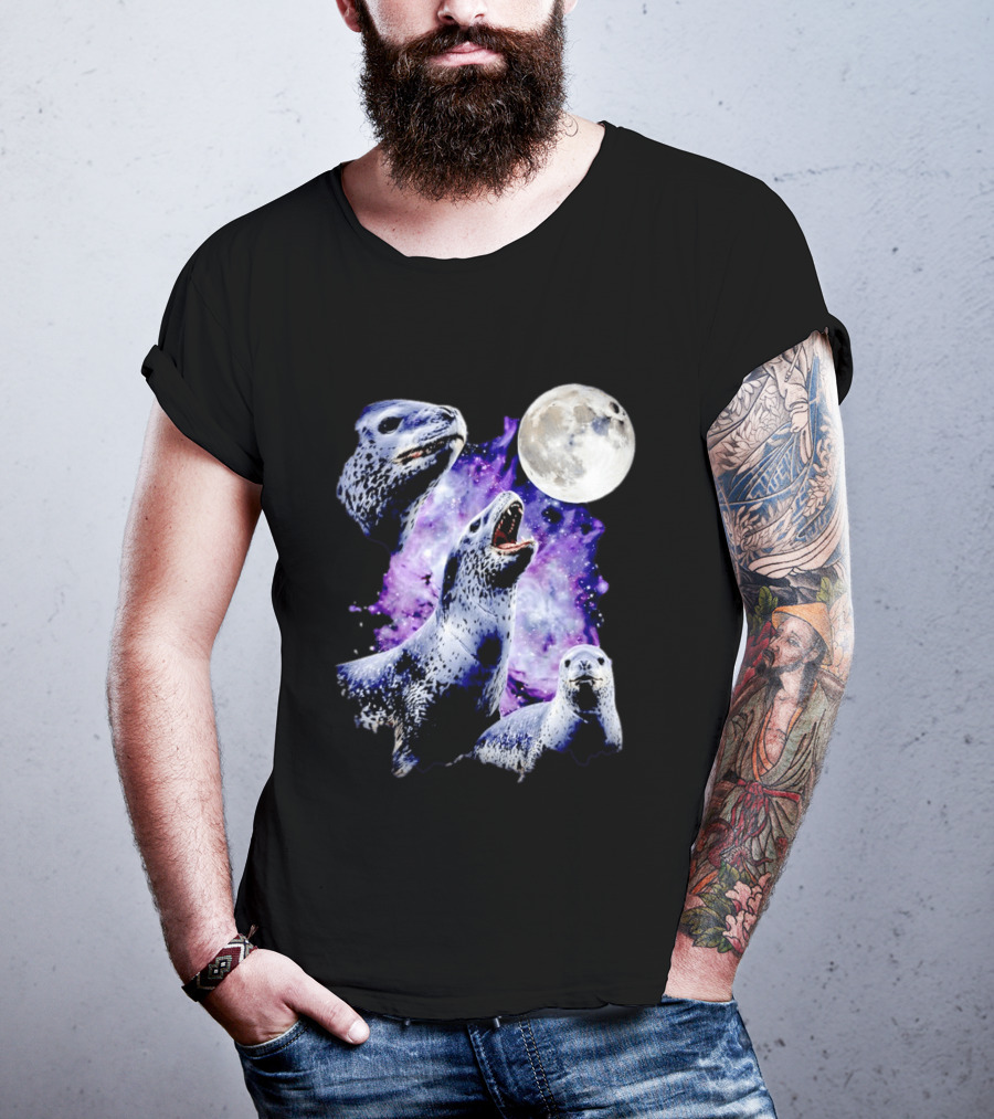 Three Leopard Seals Under Moonlight With Starry Purple Night Sky T-Shirt