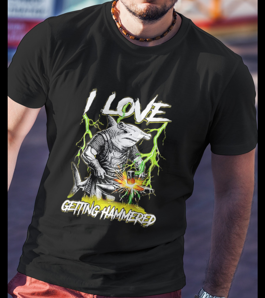 I Love Getting Hammered Hammerhead Shark Lightning Blacksmith Hammering T-Shirt
