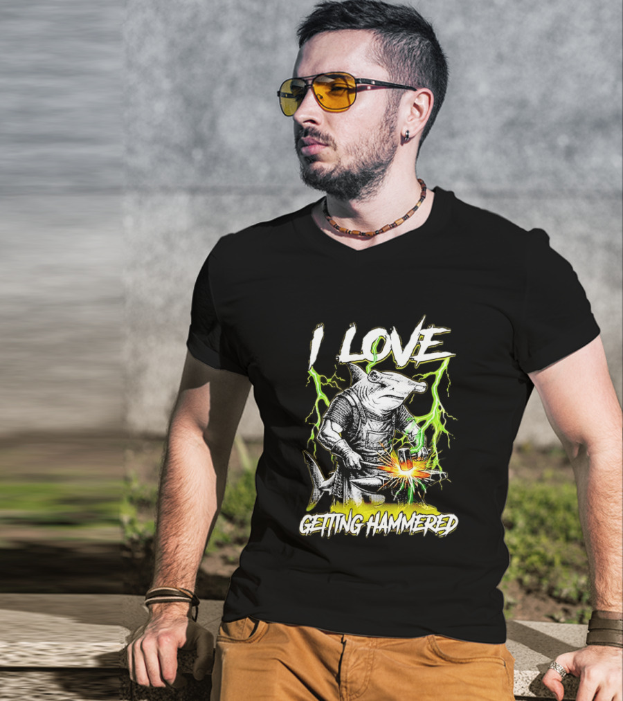 I Love Getting Hammered Hammerhead Shark Lightning Blacksmith Hammering T-Shirt