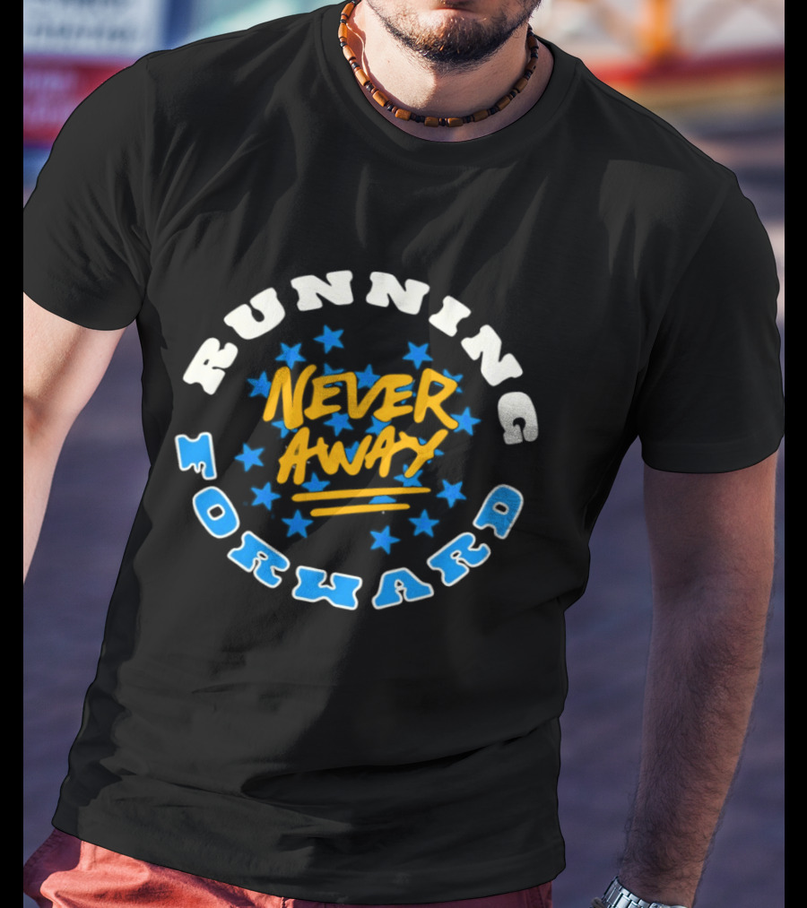Running Forward Never Away Blue Stars Yellow T-Shirt
