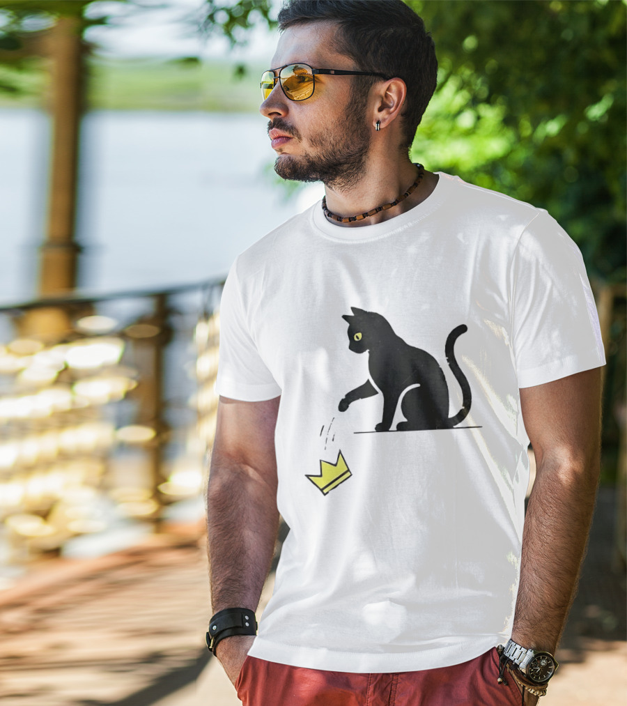 Cat Knocking Crown Anti King Humor Black Cat Yellow Eyes T-Shirt