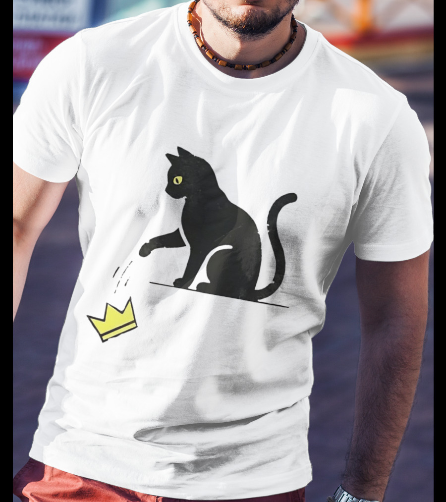 Cat Knocking Crown Anti King Humor Black Cat Yellow Eyes T-Shirt