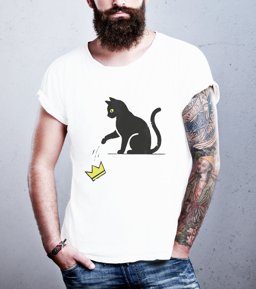 Cat Knocking Crown Anti King Humor Black Cat Yellow Eyes T-Shirt