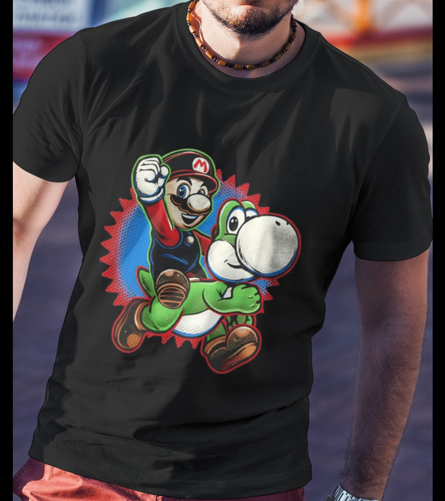 Mario And Yoshi Ride The Green Dino Classic Cartoon Adventure T-Shirt