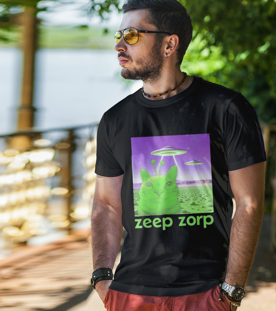 Zeep Zorp Green Cat Alien With UFOs In Space Desert Scenery T-Shirt