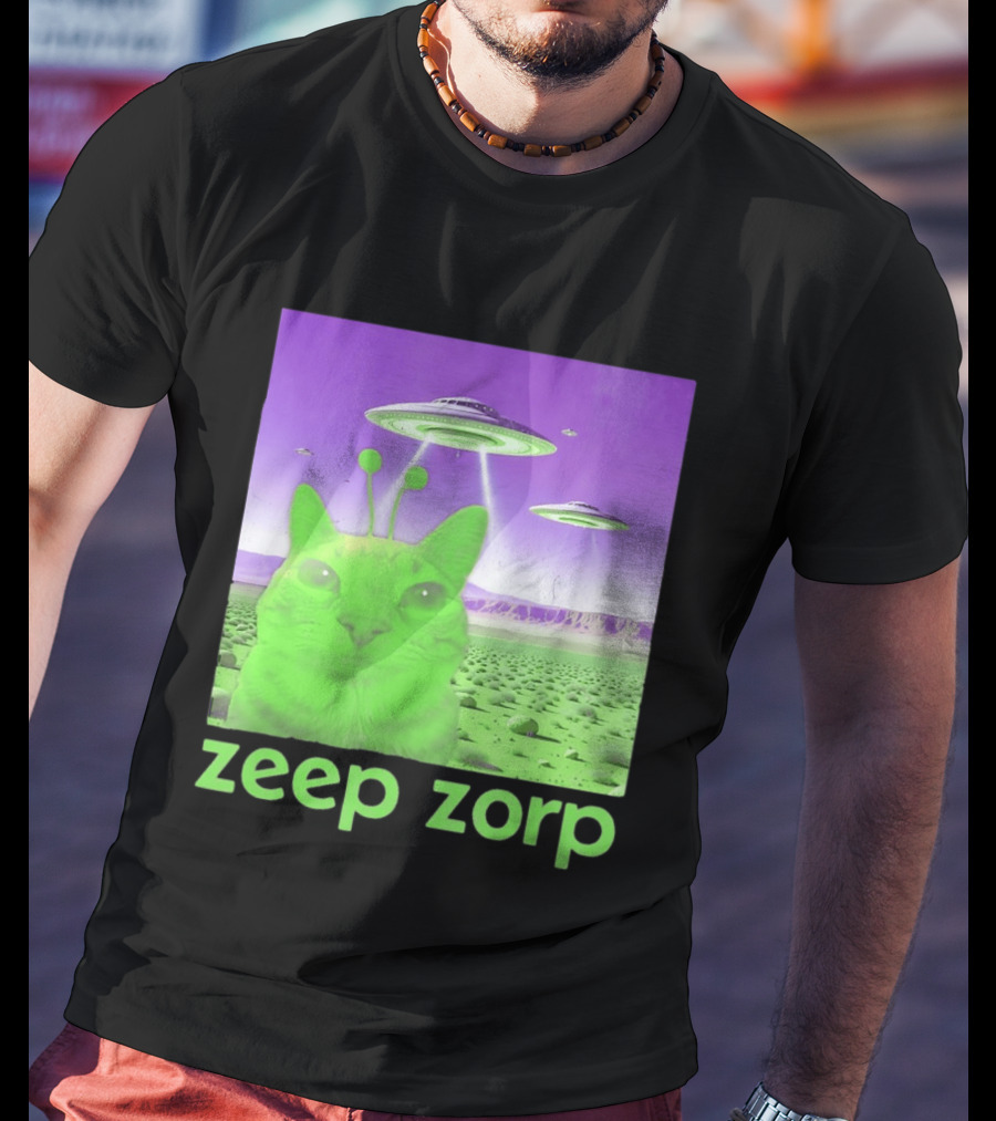 Zeep Zorp Green Cat Alien With UFOs In Space Desert Scenery T-Shirt