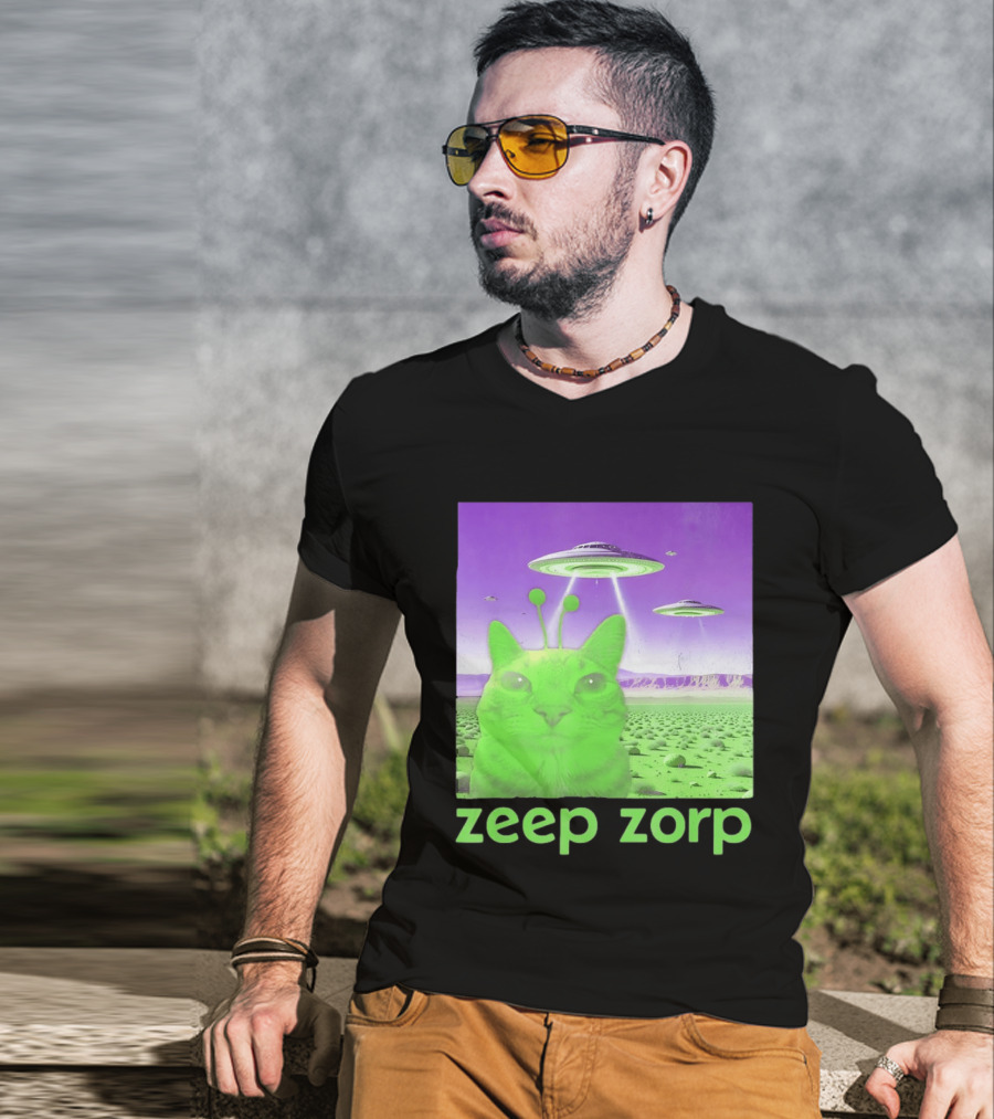 Zeep Zorp Green Cat Alien With UFOs In Space Desert Scenery T-Shirt