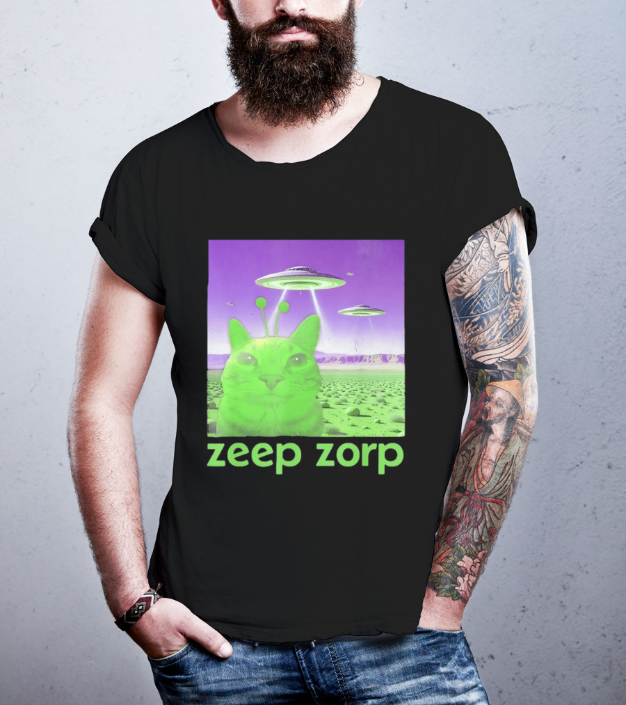 Zeep Zorp Green Cat Alien With UFOs In Space Desert Scenery T-Shirt