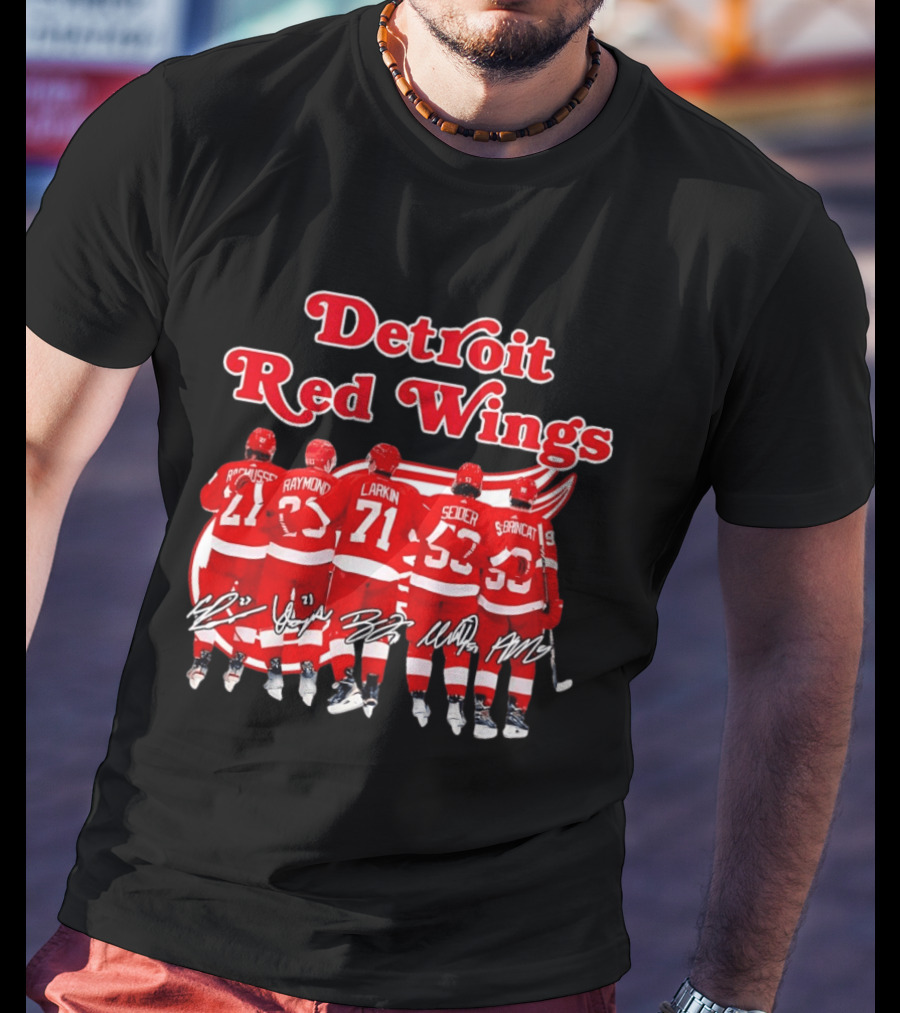 Detroit Red Wings Players Rasmussen Raymond Larkin Seider Branncat Celebrating Victory NHL 2026 Signatures T-Shirt