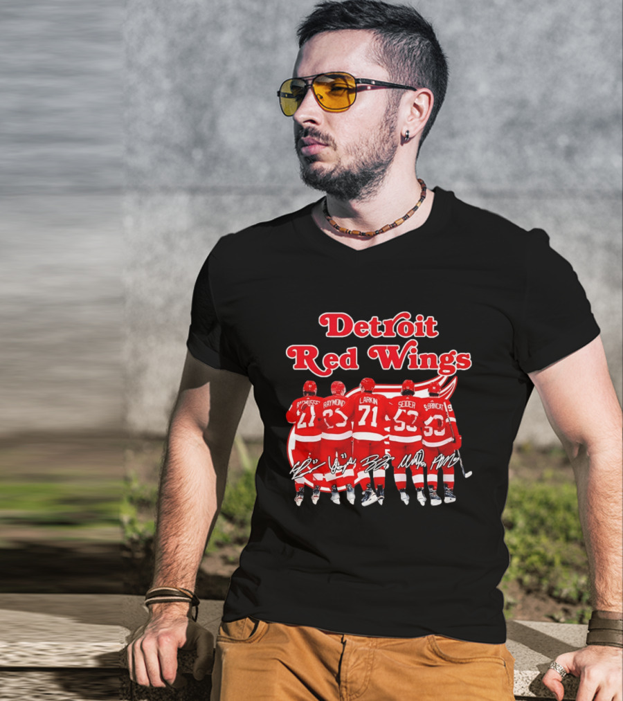 Detroit Red Wings Players Rasmussen Raymond Larkin Seider Branncat Celebrating Victory NHL 2026 Signatures T-Shirt