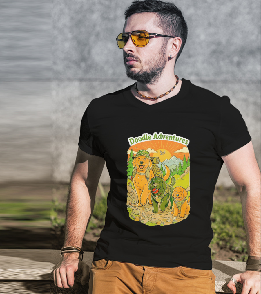 Doodle Adventures Three Dogs Picnic Adventure Sunset T-Shirt
